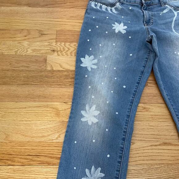 Hand reverse dyed painted flowers vines Jeans size 12 skinny - Picture 8 of 10